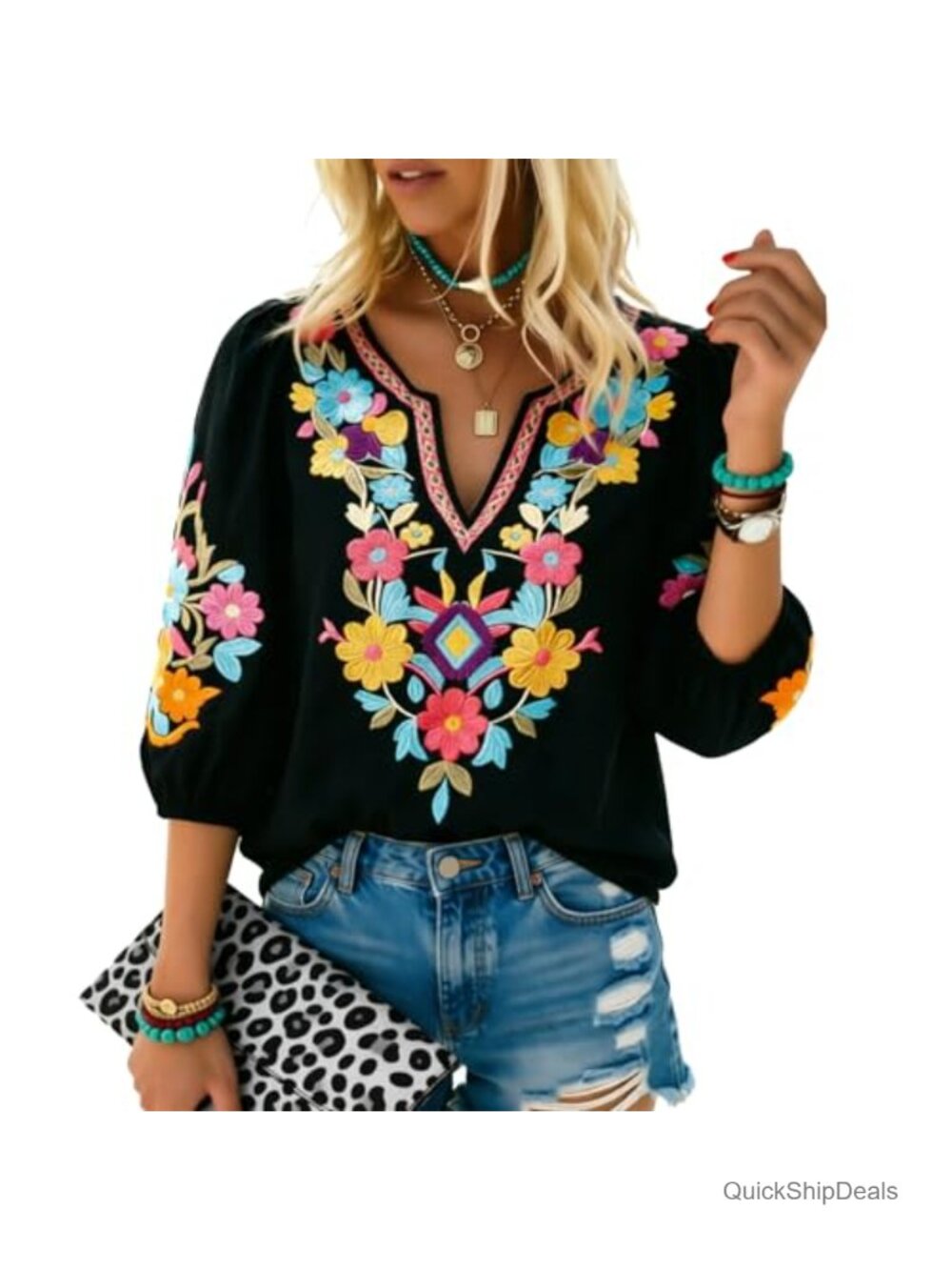 Mexican Embroidered Peasant Tunic Boho Fiesta Top Cotton Rayon